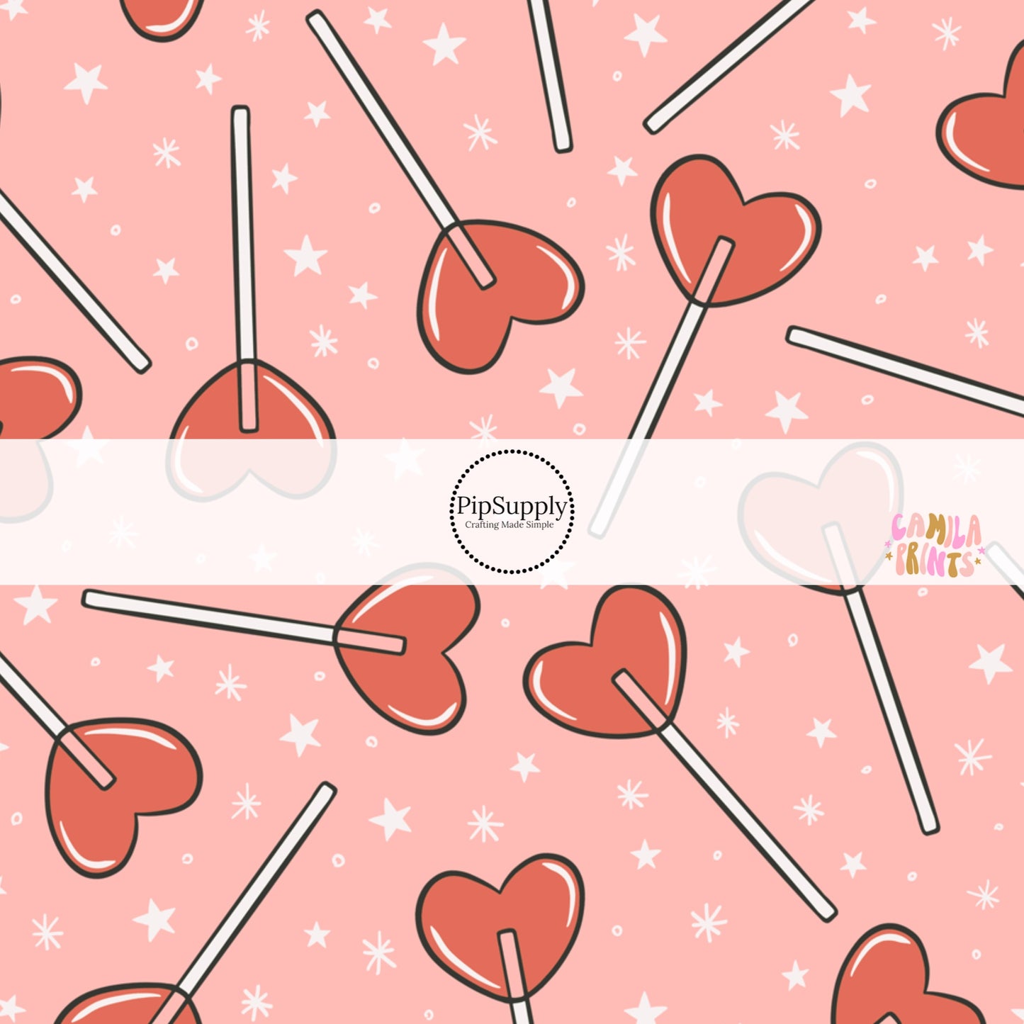 Scattered red candy lollipops on pink with white tiny stars bow strips