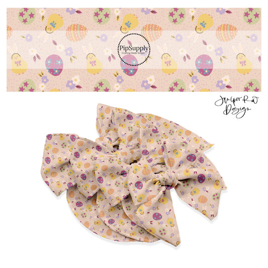 Yellow chicks, green and purple pattern eggs, and flowers on blush polka dot bow strips
