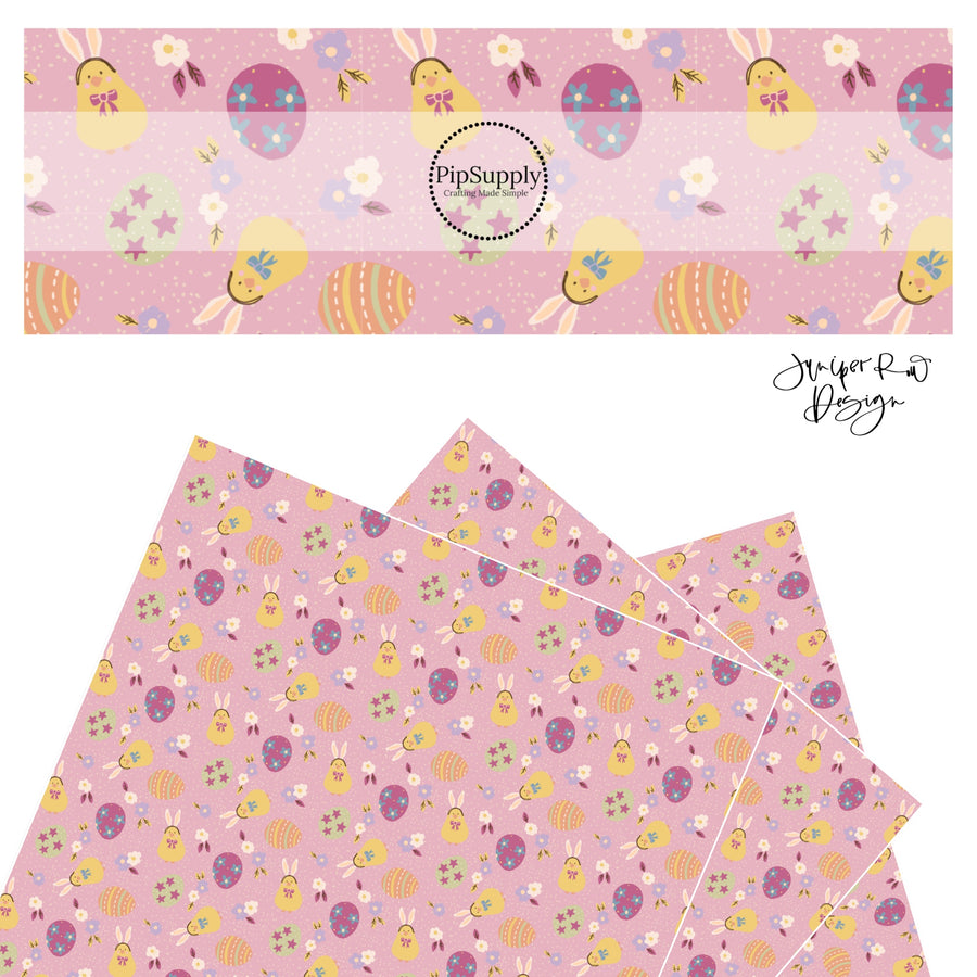 Yellow chicks, green and purple eggs, and flowers on mauve faux leather sheets