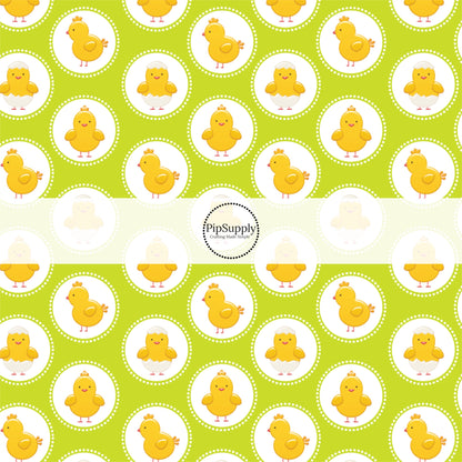 White polka dot circles with baby yellow chicks on green bow strips