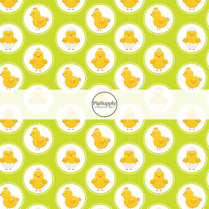 White polka dot circles with baby yellow chicks on green bow strips