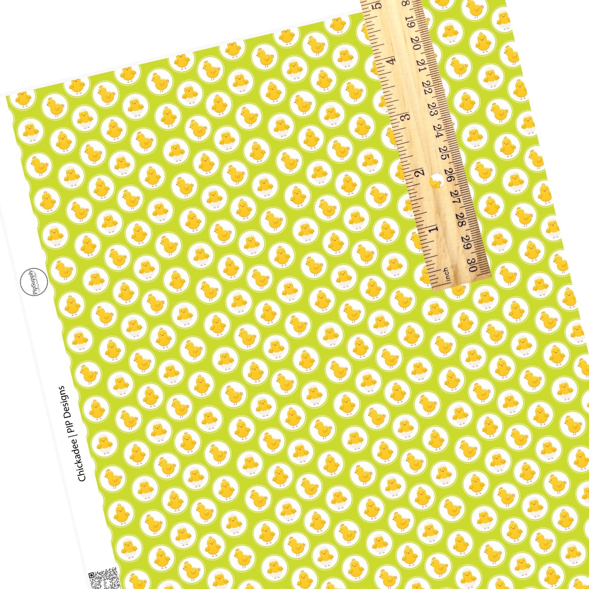 Baby chicks on polka dots on green faux leather sheets