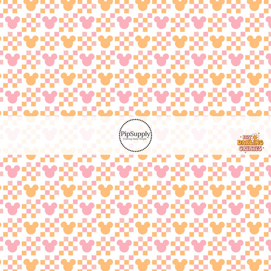Pink, Orange, and white checkered mouse fabric by the yard.