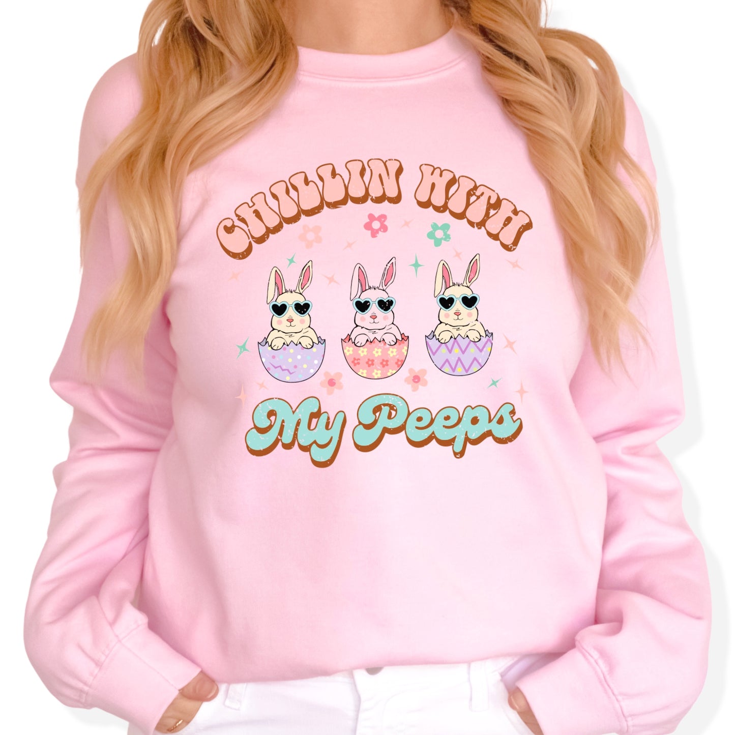Easter Heat Transfer - Three bunnies sitting in cracked eggs  with heart sunglasses and the words chillin with my peeps. The DTF design features Pink, Lavender and Aqua. Sublimation Transfers.