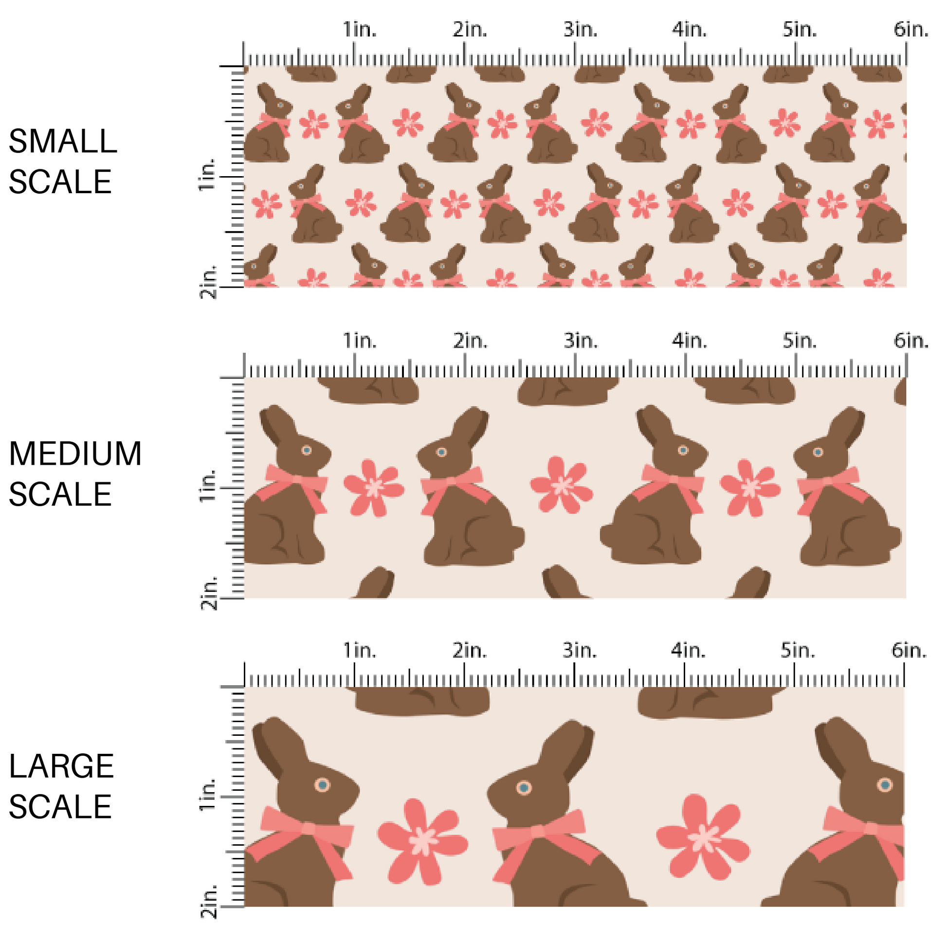 Cream fabric by the yard scaled image guide with a chocolate bunnies and coral flowers prints