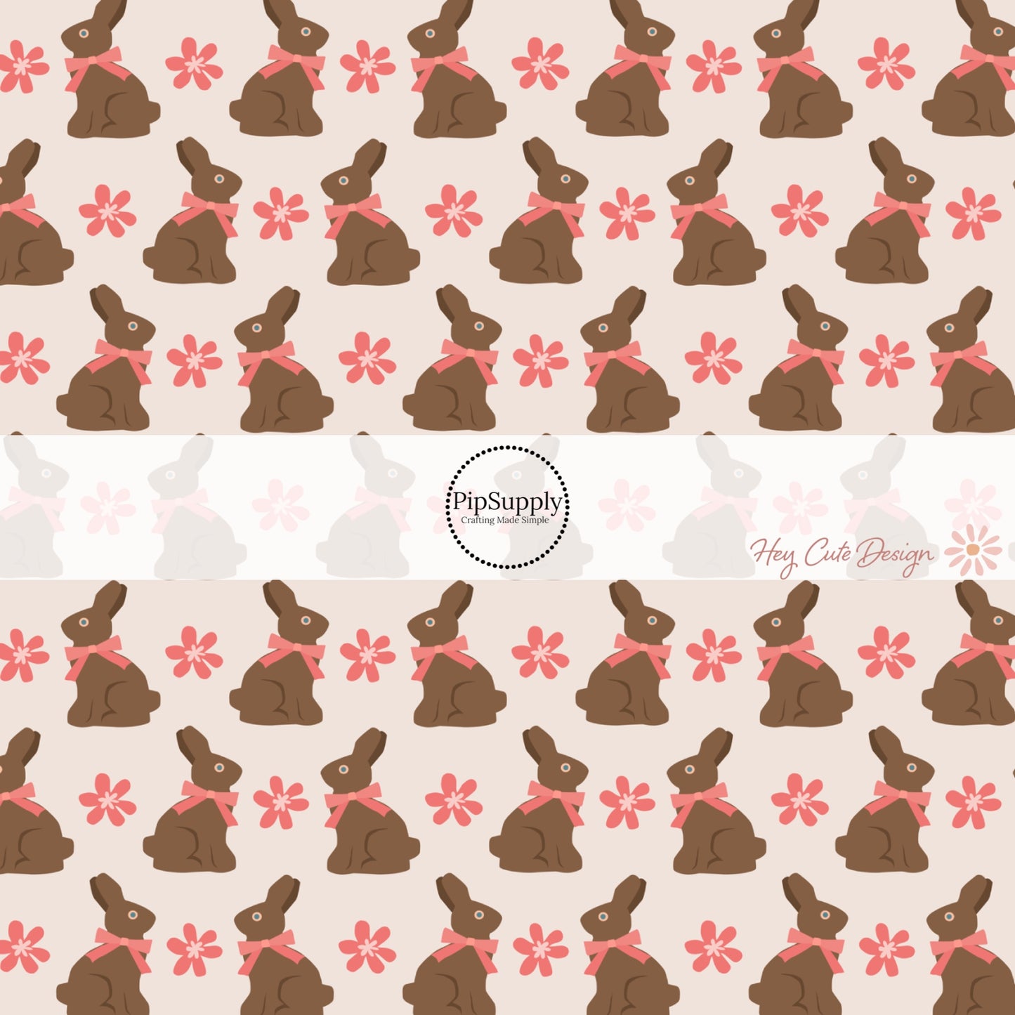 Cream fabric by the yard with a chocolate bunnies and coral flowers print