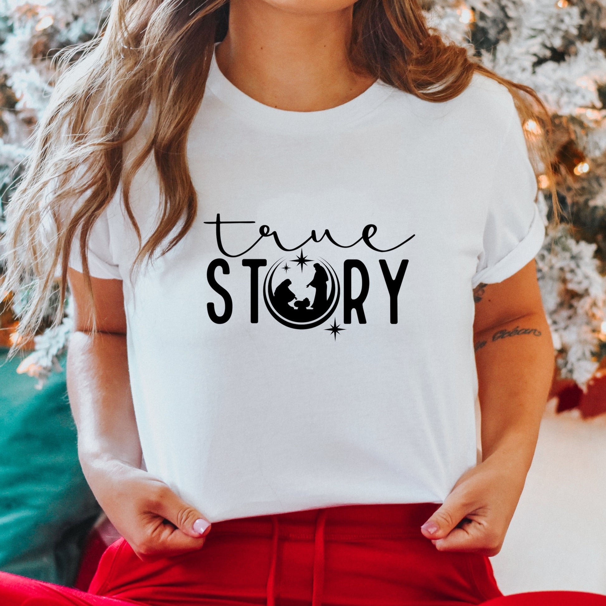 Nativity Scene Iron On with the phrase "True Story" on a white t-shirt - Christmas Sublimation Iron on Transfer - DTF Iron on