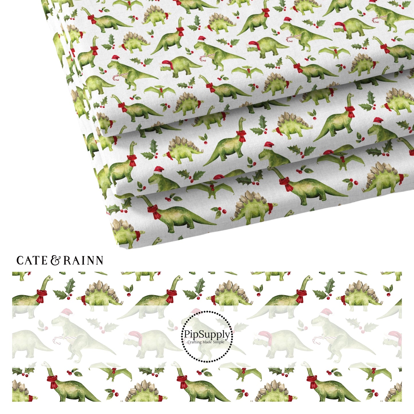 White fabric stack with green dinosaurs wearing christmas hats
