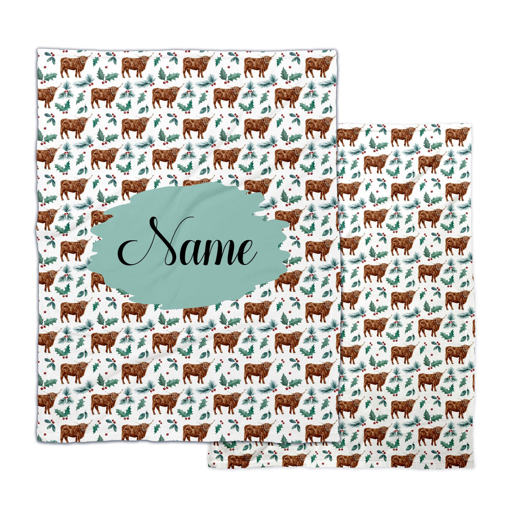 Personalized Minky Blanket - Christmas Cow Print with Green Holly and Red Berries - Highland Cows 