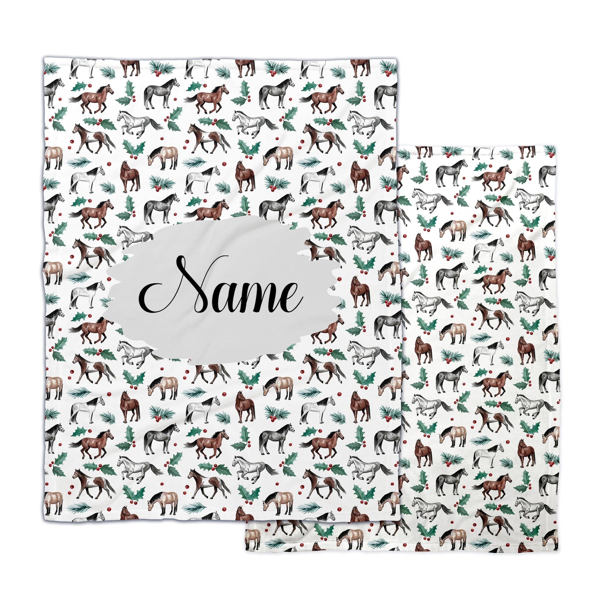 Personalized Christmas Blankets - Horse Blanket with Holly - Soft Minky Farm Blanket