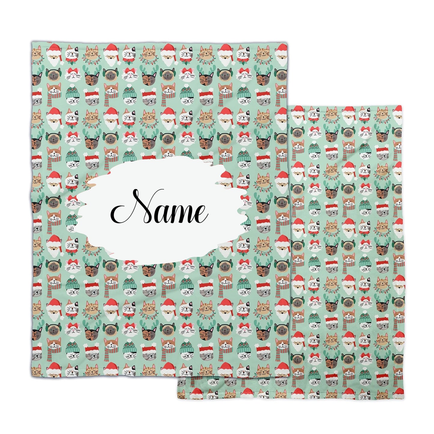 Personalized Christmas Cat Blanket - Mint Cat Blanket with white and brown cats 