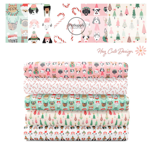 Christmas cream, blue and pink dogs, cats, Christmas trees, and candy cane patterns high quality fabric adaptable for all your crafting needs. Make cute baby headwraps, fun girl hairbows, knotted headbands for adults or kids, clothing, and more!