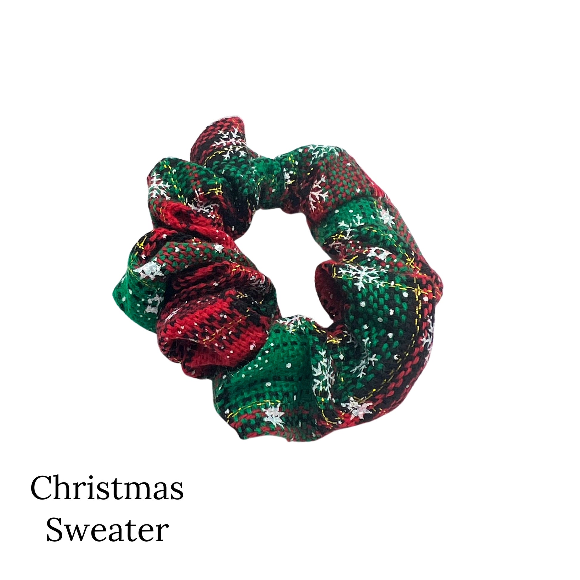 Plaid green and red scrunchie with white snowflakes