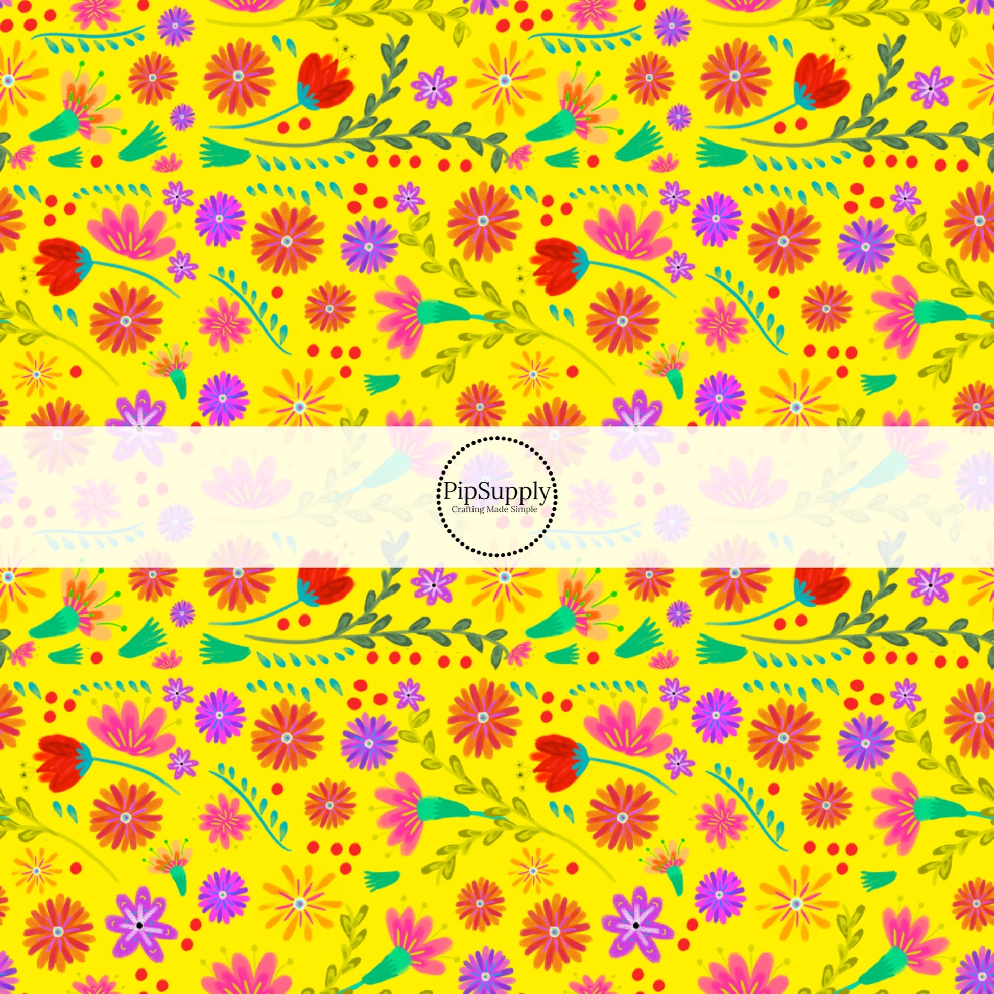 Pink, Purple, and red floral print on yellow fabric by the yard.