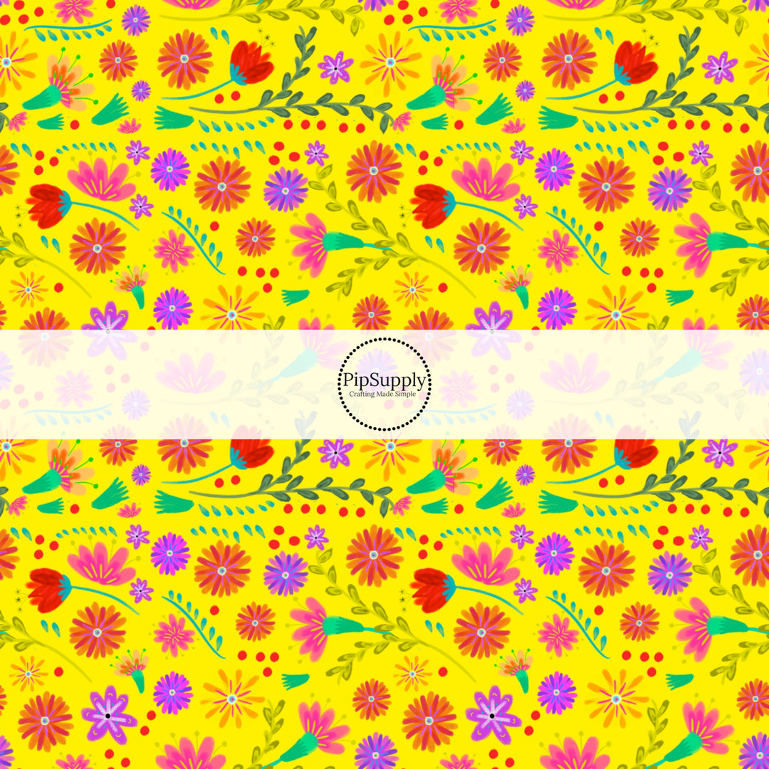 Pink, Purple, and red floral print on yellow fabric by the yard.