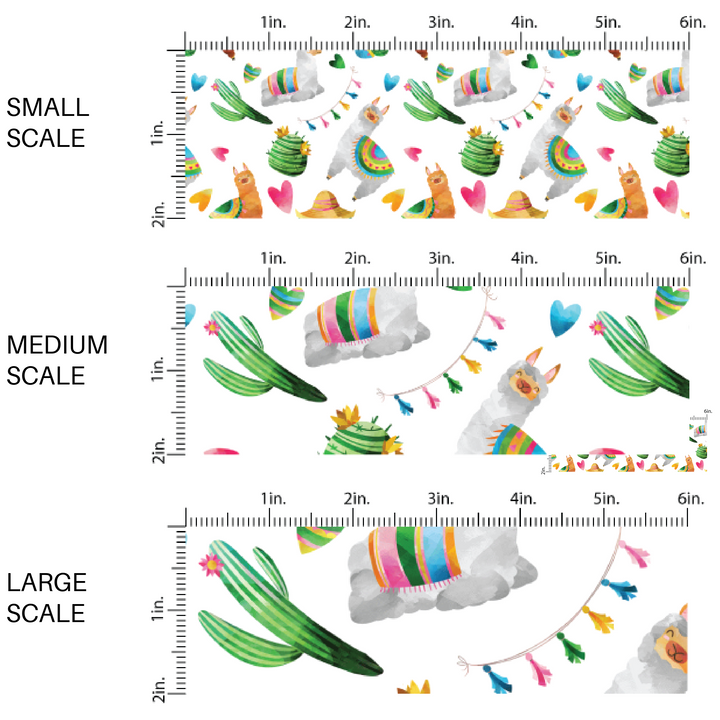 White fabric by the yard scaled image guide with llamas, hearts, and cactus plants