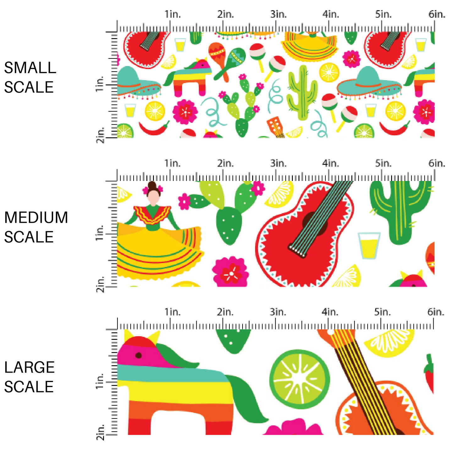 Cinco De Mayo fabric by the yard scaled image guide with guitars, cactus plants, maracas, and piñatas. 