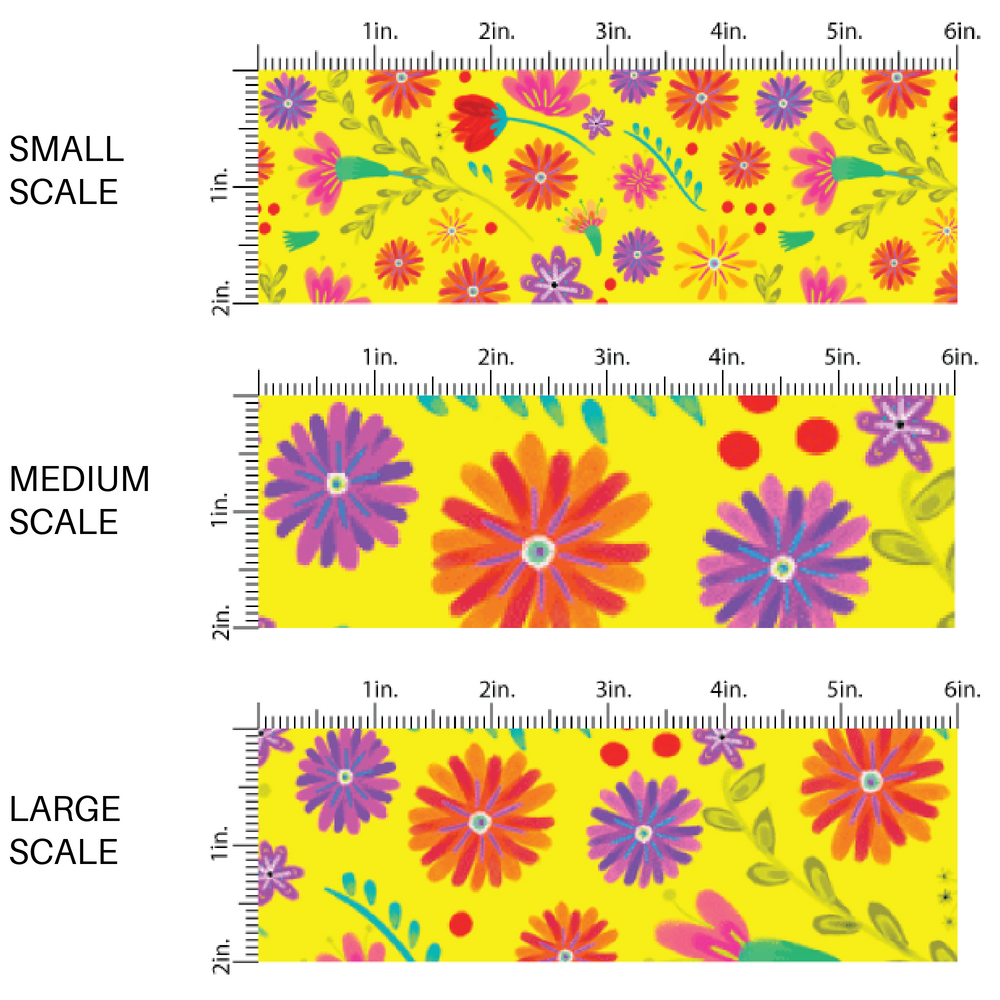 Pink, Purple, and red floral print on yellow fabric by the yard scaled image guide