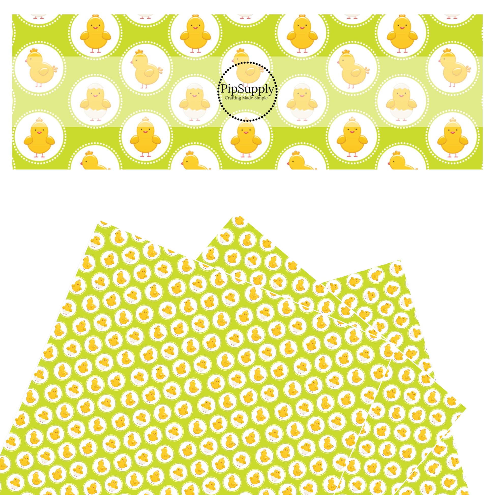 Yellow chicks on white dots on green faux leather sheet