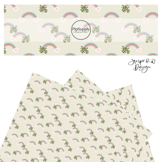 Blue, purple, and red rainbows with happy clouds and clovers on a cream faux leather sheets