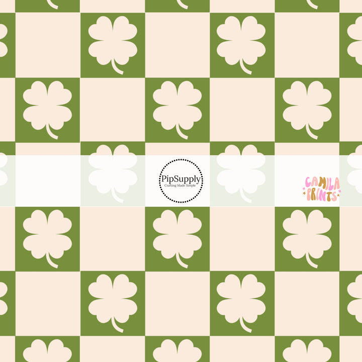 Cream checkered with a cream cutout clover on green tile bow strips