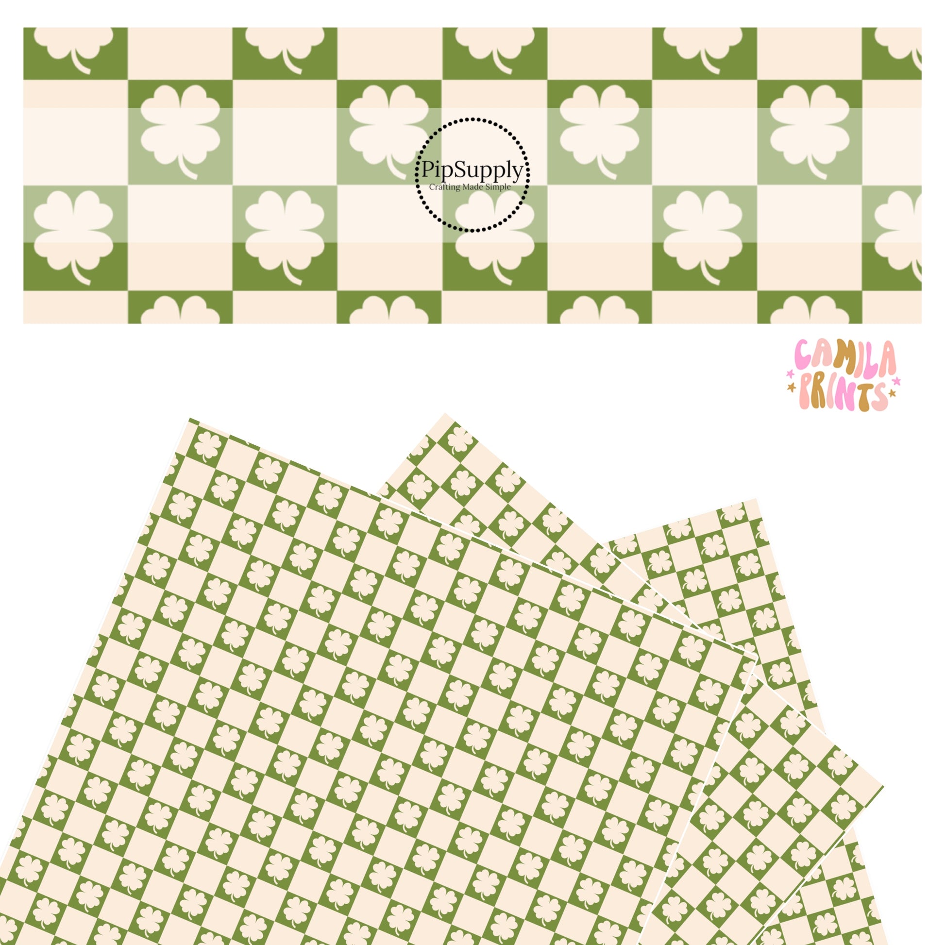 Green and cream checker with 4 leaf clover cutout on a cream faux leather sheet