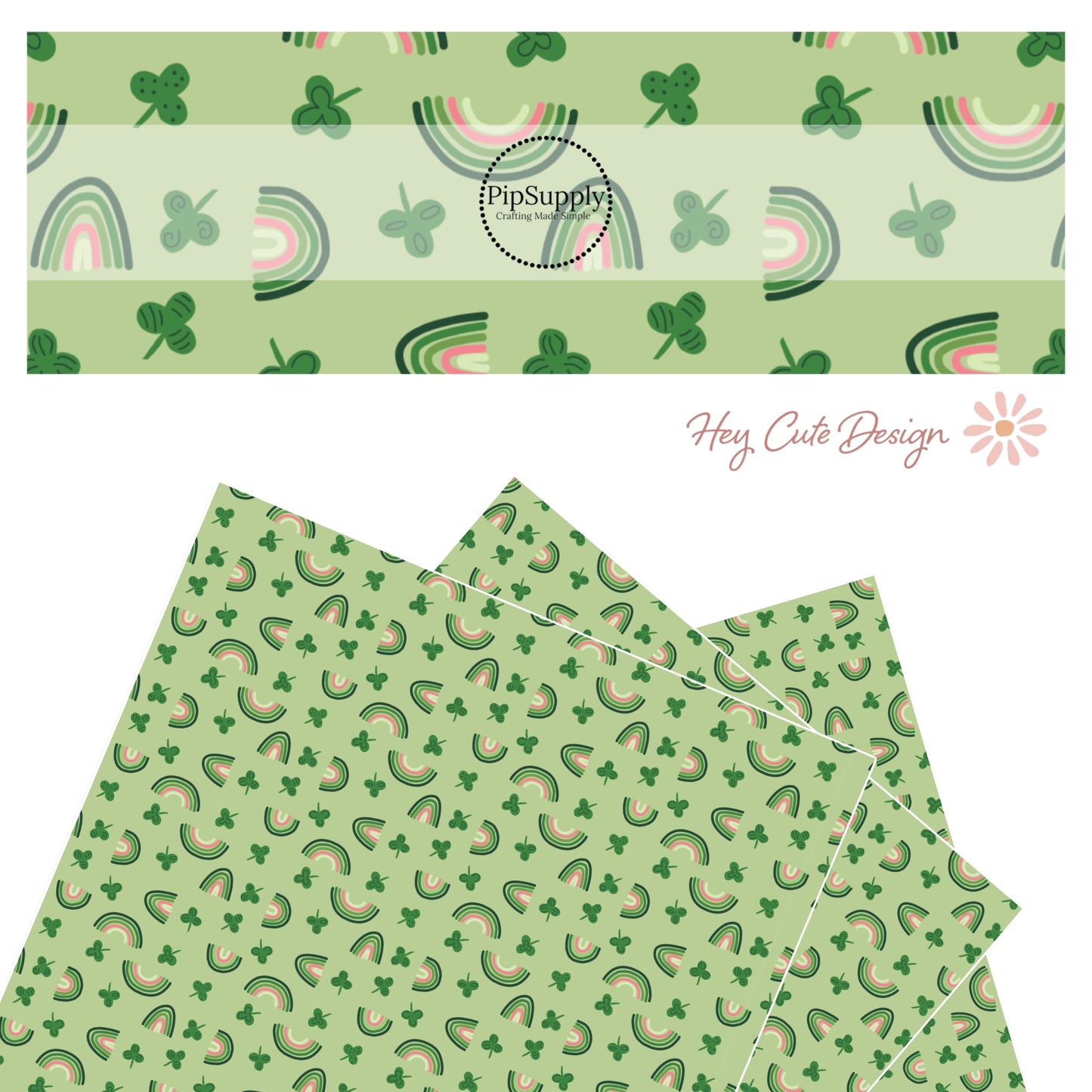 Green and pink rainbows and with green clovers with polka dots on a green faux leather sheet