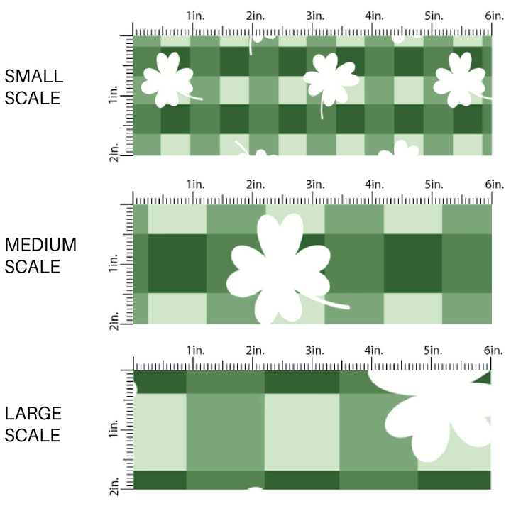 White clovers on a green plaid pattern scaled fabric by the yard image guide