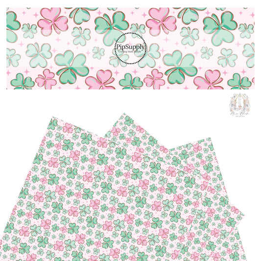 Pink and green clovers with pink stars on pink faux leather sheet