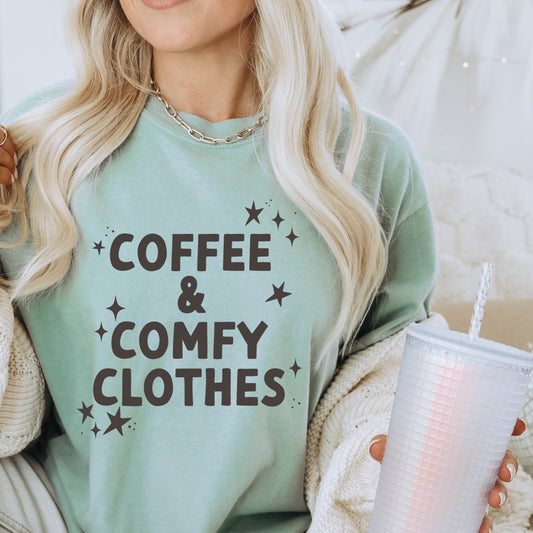 Black "Coffee and Comfy Clothes" and stars iron on heat transfer