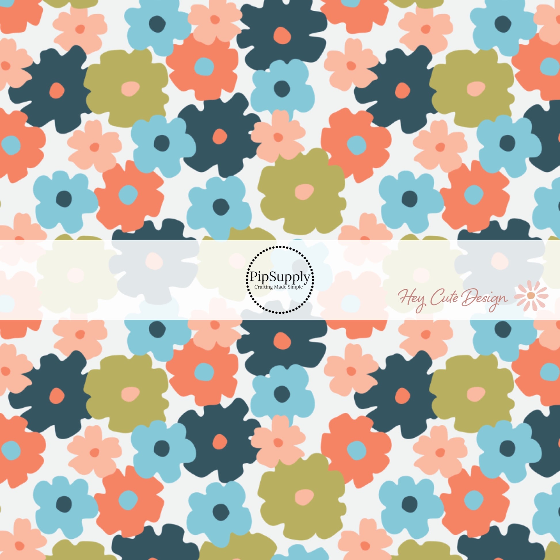 Green, Blue, pink, and coral colored flowers on white fabric by the yard