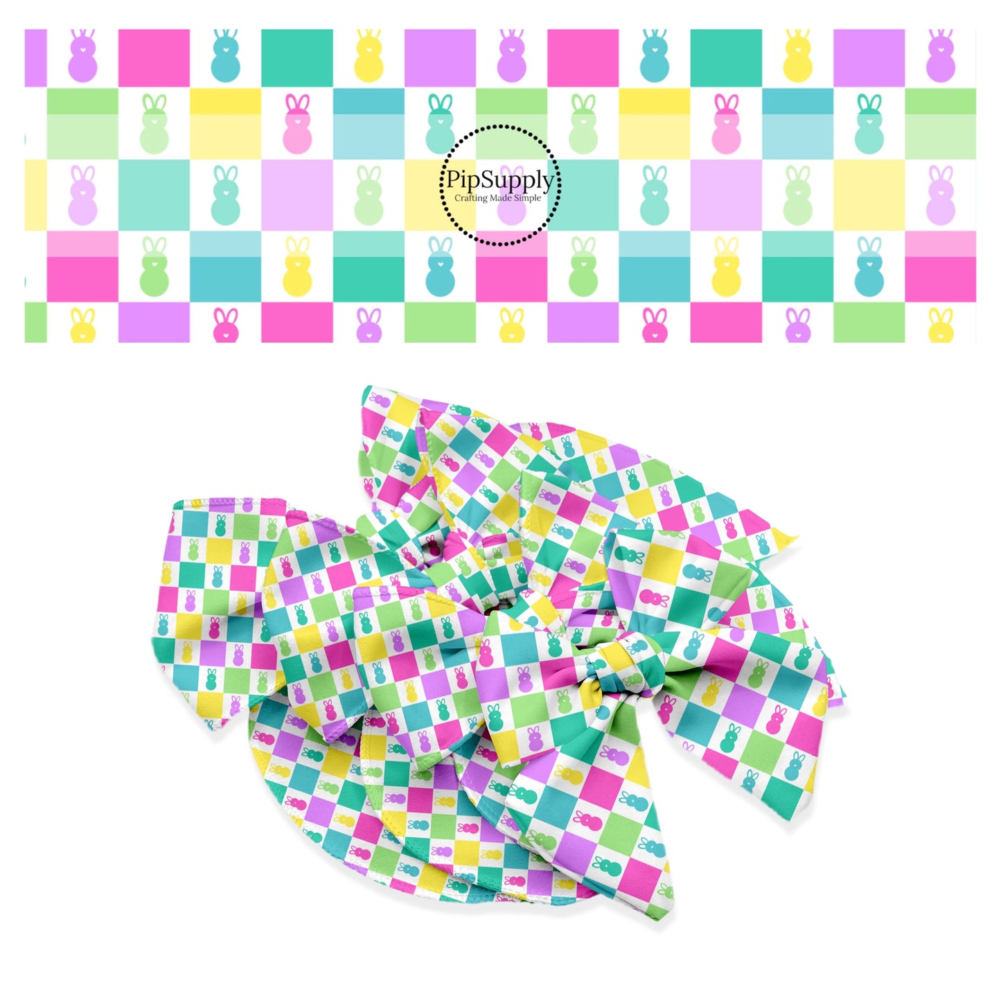 Pink, purple, yellow, green, and turquoise bunnies with coordinating checker bow strips