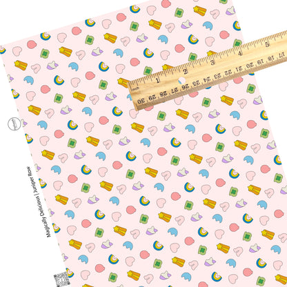 Green lucky hat, gold stars, rainbows, pink hearts, and balloons on a pink faux leather sheet