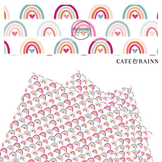 Blue, pink, and orange arched rainbows wit hearts on white faux leather sheet
