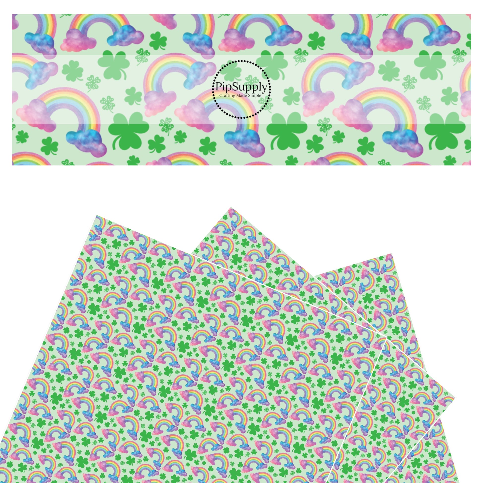 Colorful rainbows with pink and blue watercolor clouds with green clovers on green faux leather sheets