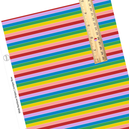 Red, blue, pink, green, yellow stripes repeating on a faux leather sheet