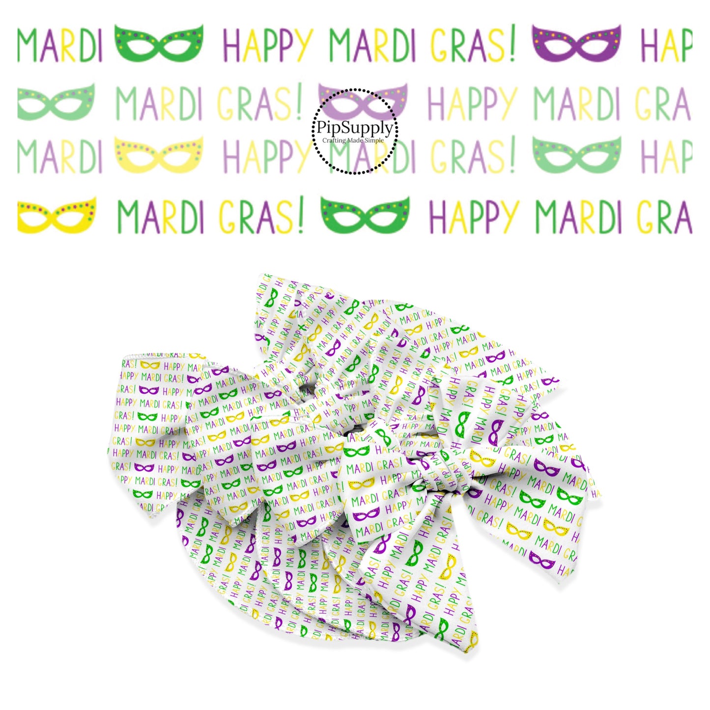 Mardi Gras written in green, purple, and yellow capital lettering with green, yellow, and purple mask on white bow strips
