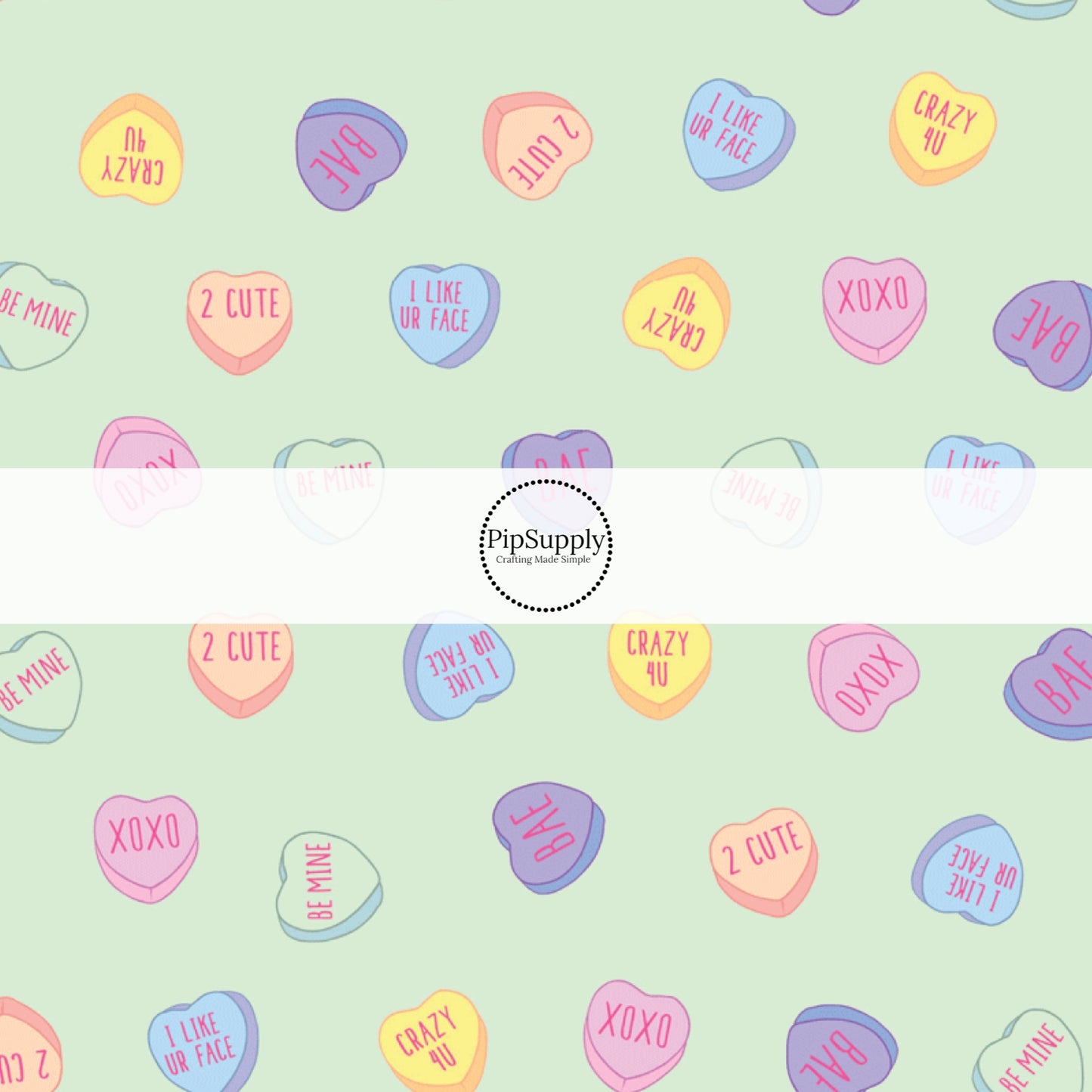 Mint Fabric by the yard with pastel conversation hearts