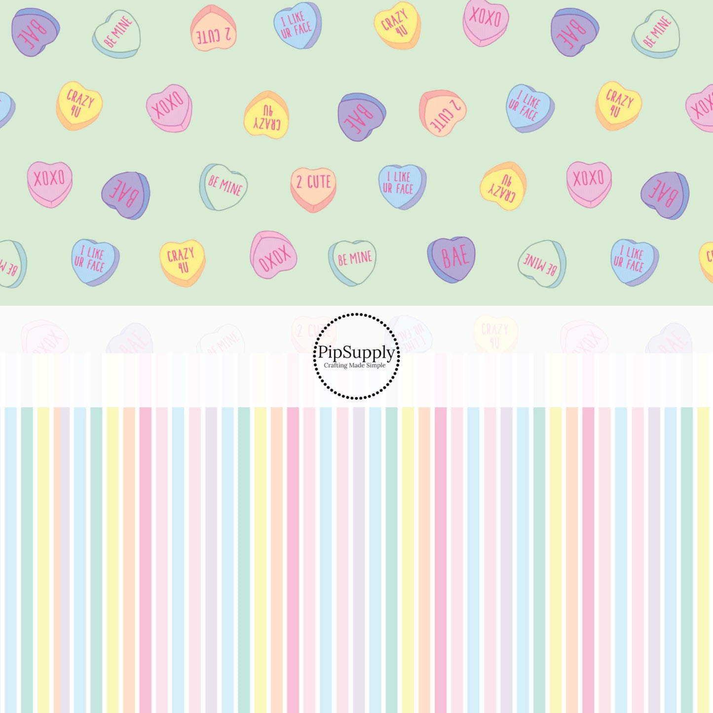 Pastel Conversation Hearts and Pastel Stripe Fabric by the Yard - XOXO Fabric - Heart Fabric - Pastel Valentine's Day Fabric 