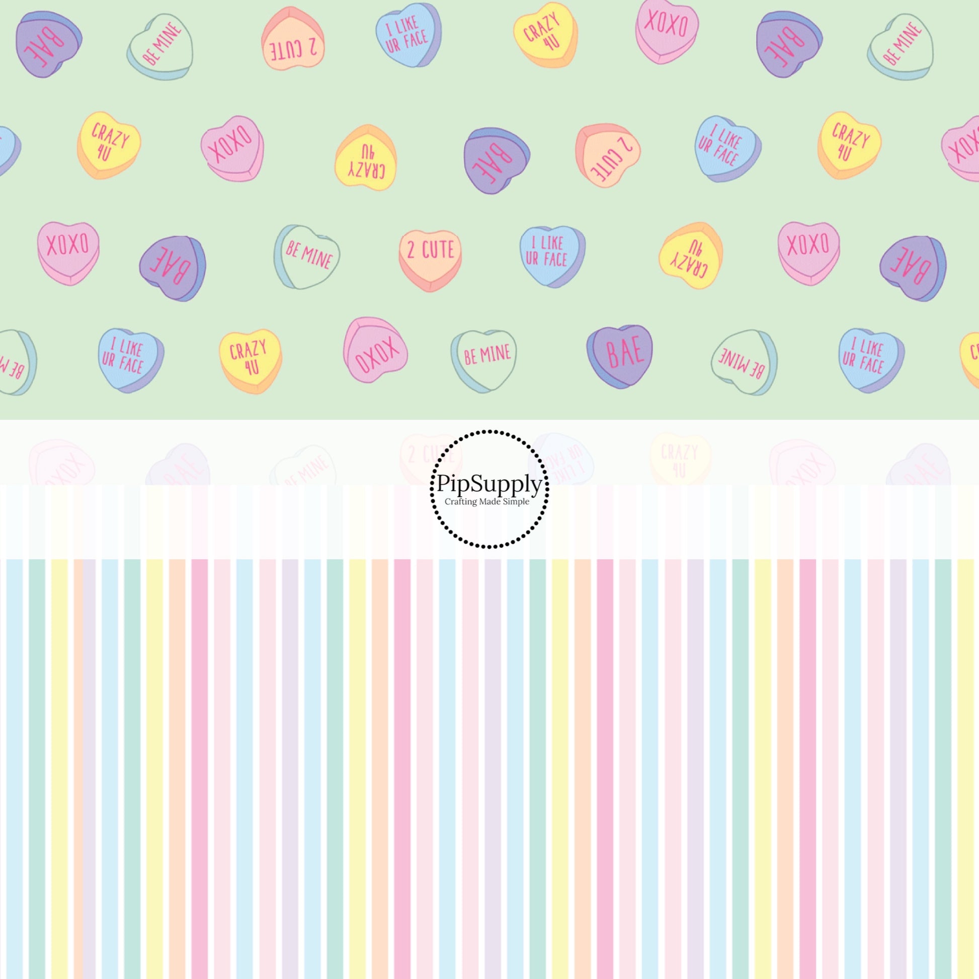 Pastel Conversation Hearts and Pastel Stripe Fabric by the Yard - XOXO Fabric - Heart Fabric - Pastel Valentine's Day Fabric 