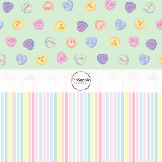 Pastel Conversation Hearts and Pastel Stripe Fabric by the Yard - XOXO Fabric - Heart Fabric - Pastel Valentine's Day Fabric 