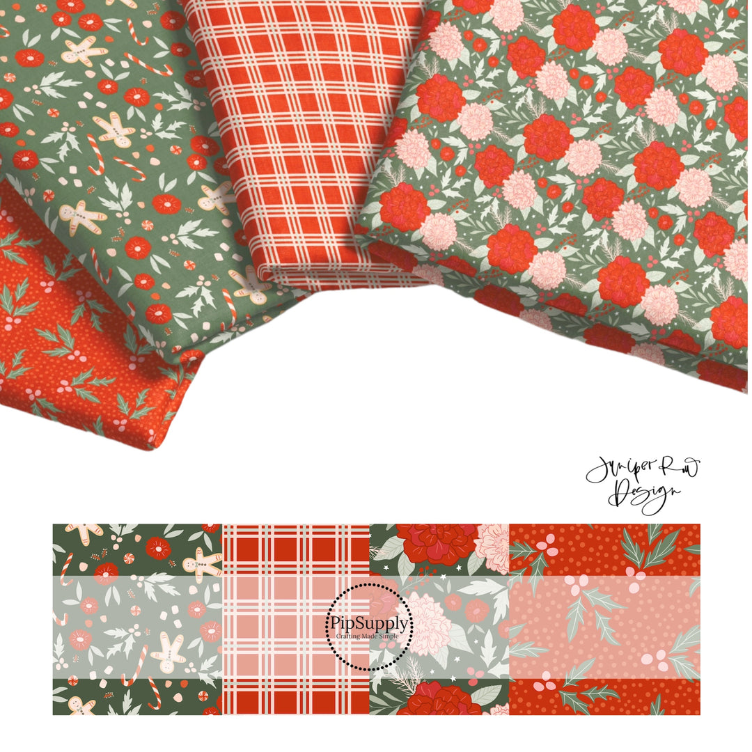 Red and green flowers and plaid pattern high quality fabric adaptable for all your crafting needs. Make cute baby headwraps, fun girl hairbows, knotted headbands for adults or kids, clothing, and more!