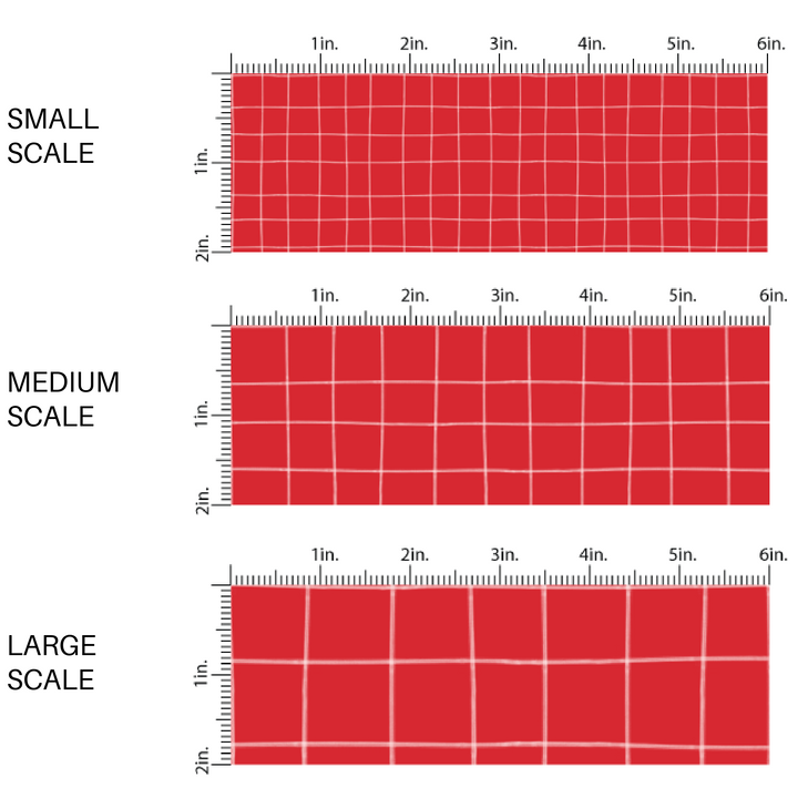 Cranberry red fabric with white thin grid pattern in sizes small, medium, and large.