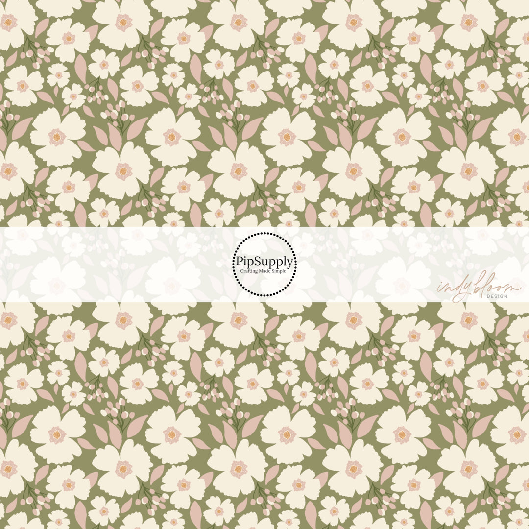 Cream Flowers with pink leaves on a sage green fabric by the yard