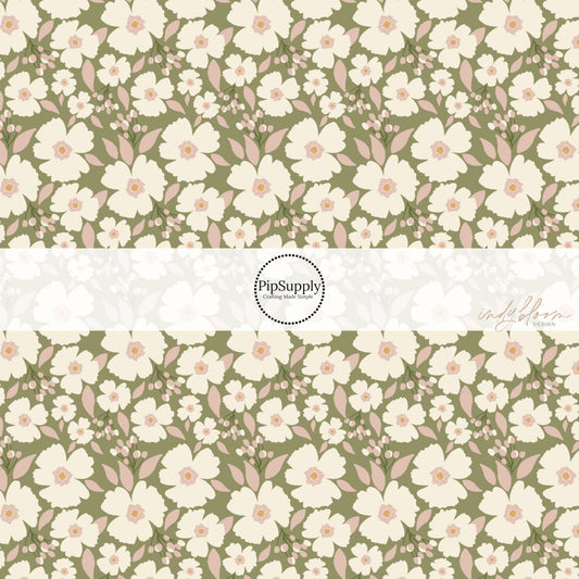 Cream Flowers with pink leaves on a sage green fabric by the yard