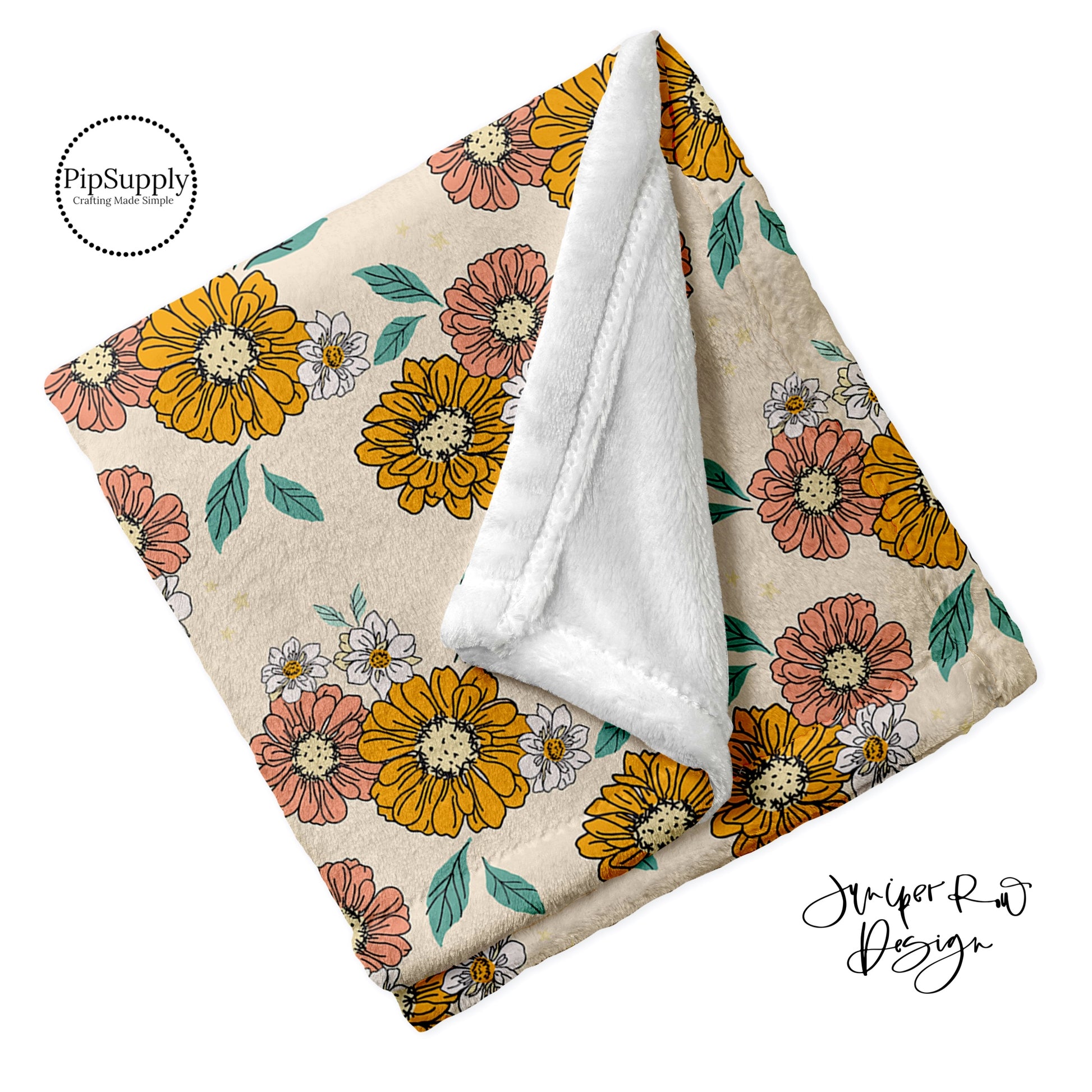 Yellow and Peach Floral Spring Custom Printed Minky Blanket with a Cream Base