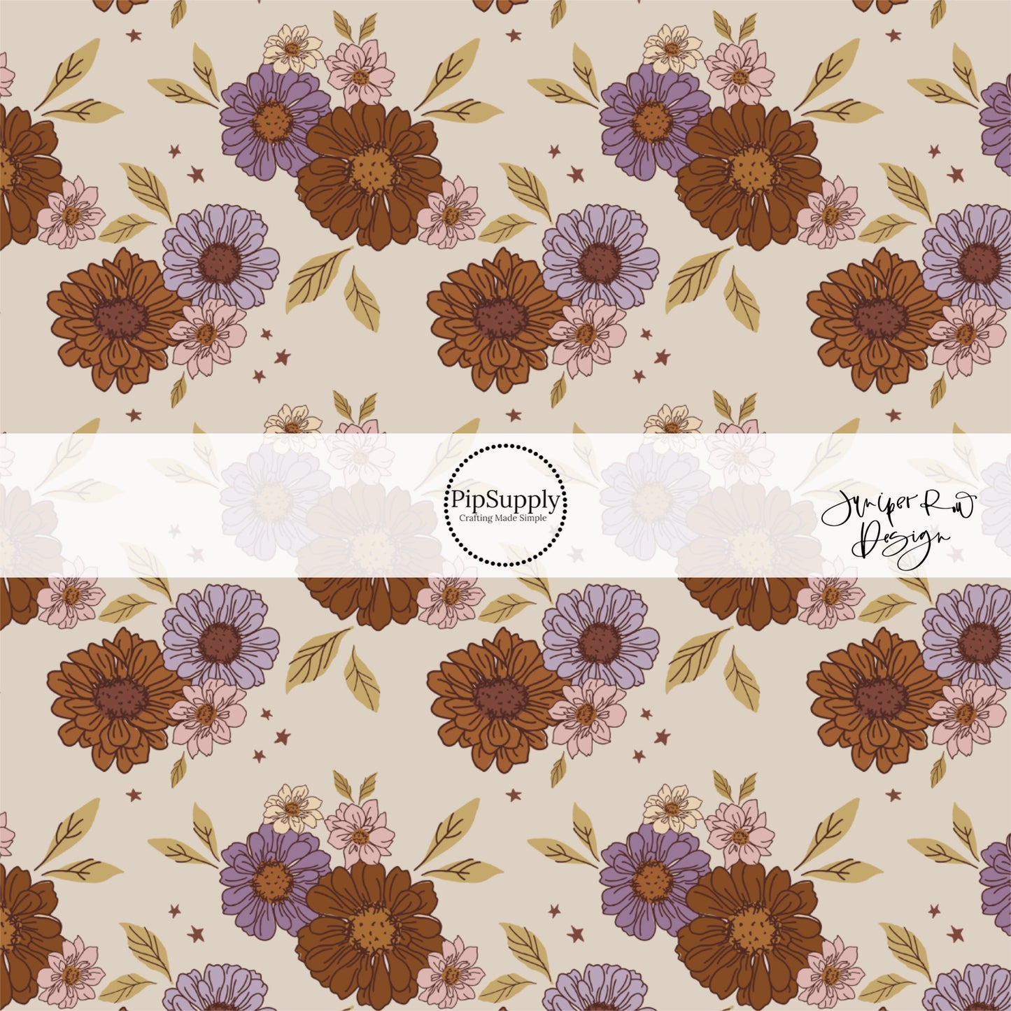 Beige fabric by the yard with pink, burnt orange, and purple floral designs