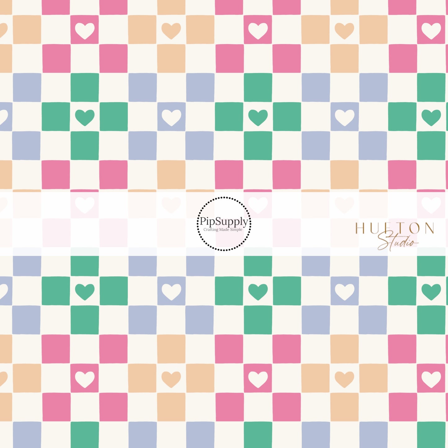 Green, blue, pink, and orange tiles with corresponding hearts on cream bow strips