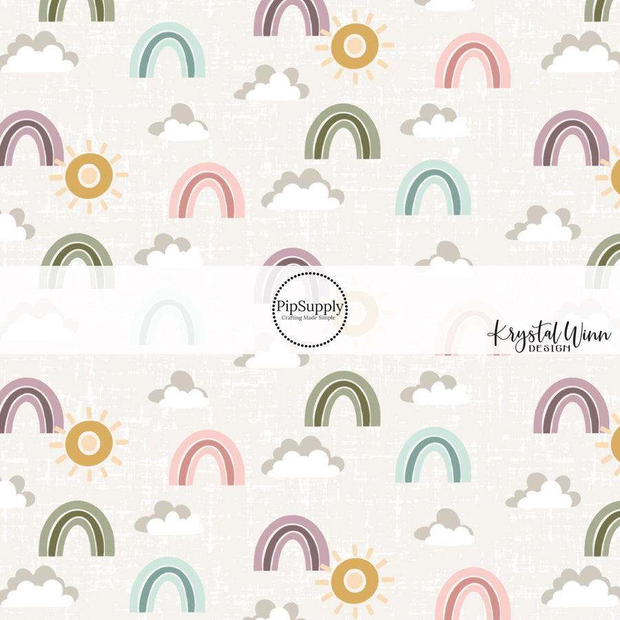 Cream fabric by the yard with clouds, rainbows, and designs