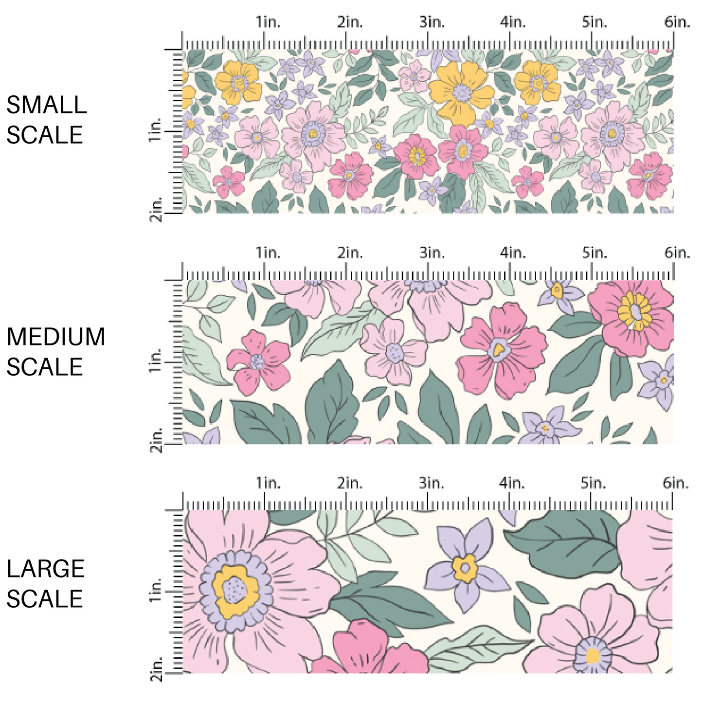 Pink, Purple, and Yellow flowers with green leaves fabric by the yard scaled image guide - Spring Fabric 